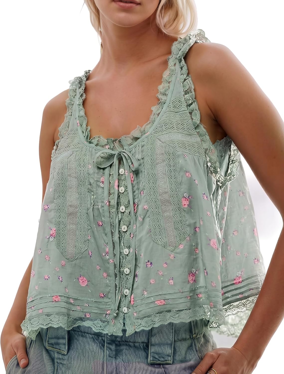 Women Summer Boho Lace Tie Front Tank Beach Vacation Top Button Down Sleeveless Cardigan Crop Y2k Tops Clothes 2026