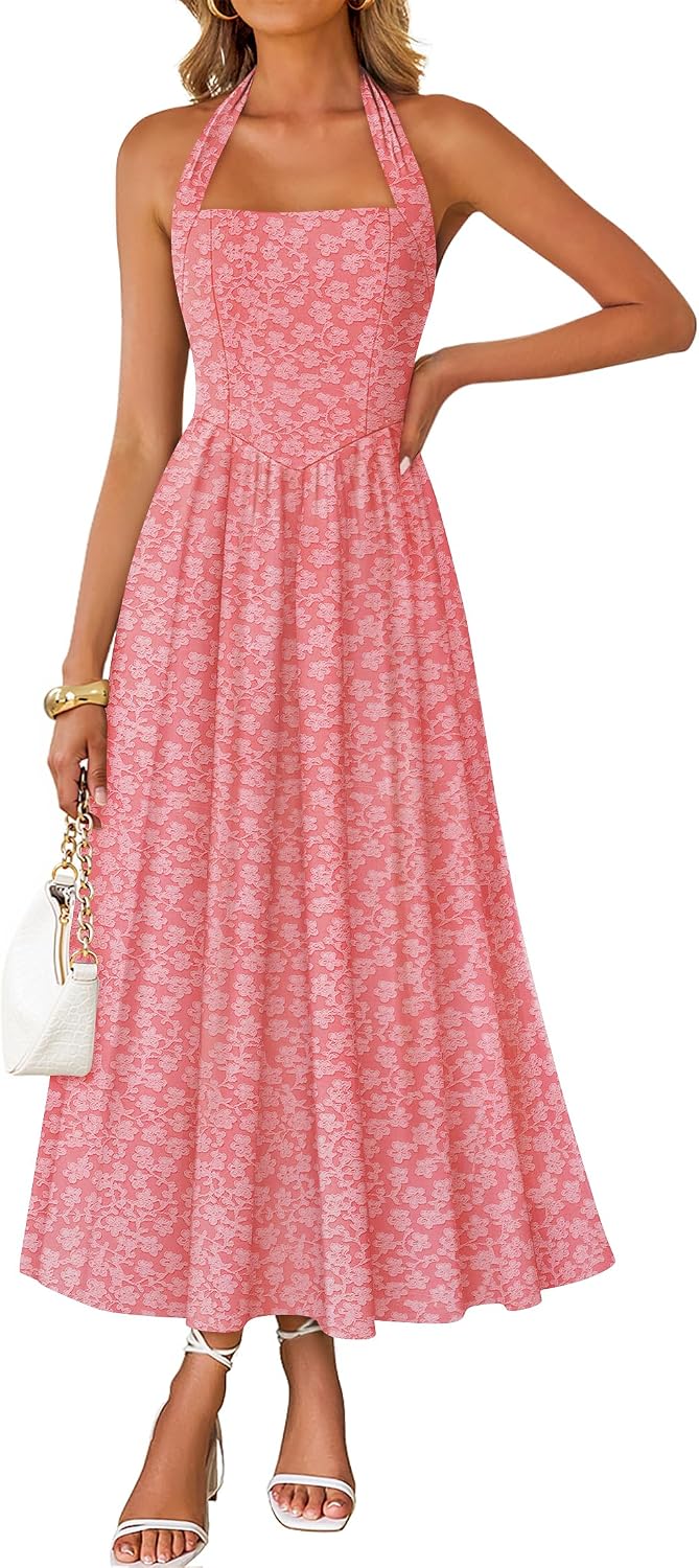 ZESICA Women’s Summer Sleeveless Floral Maxi Dresses 2026 Halter Neck Flowy A Line Formal Cocktail Wedding Guest Long Dress