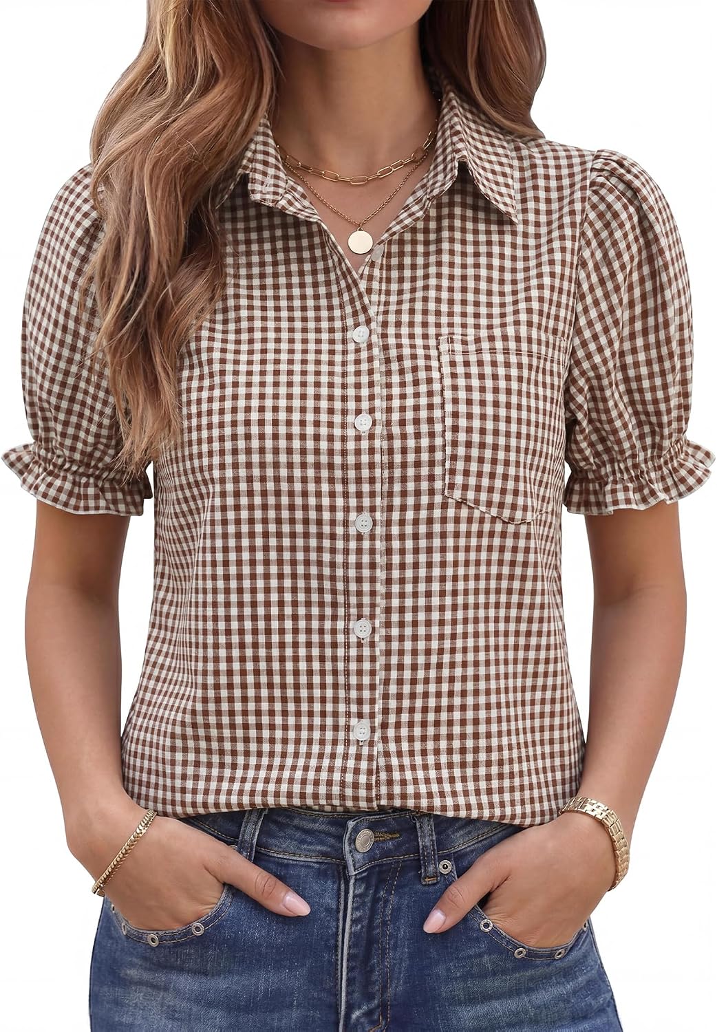 LOMON Linen Shirts for Women Puff Sleeve Button Down Summer Casual Cotton Linen Blouses Collared Work Tops Dressy