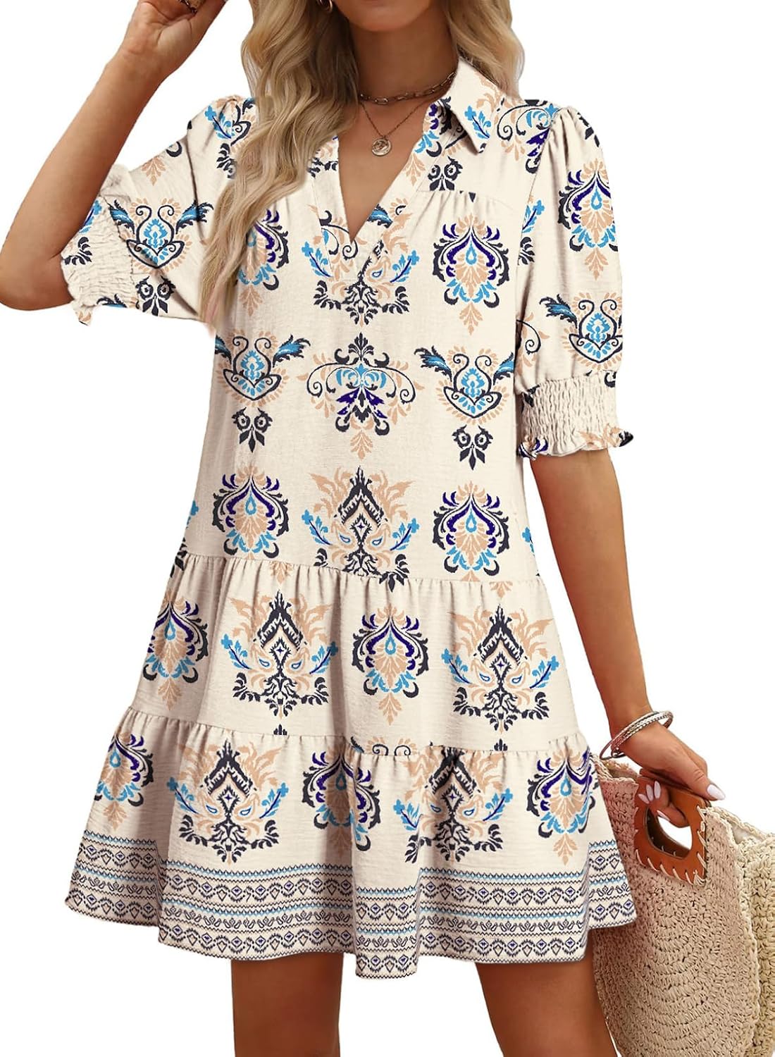 Dokotoo Casual Dresses for Women Lapel Collared V Neck Mid Sleeved Pleated Summer Dresses for Women 2026 Midi Dresses