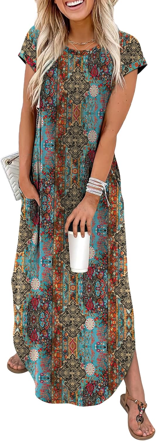 WIHOLL Summer Dresses Cap Sleeve Crewneck Maxi Long Casual Dress with Pockets Beach Vacation Sundresses 2026 Trendy