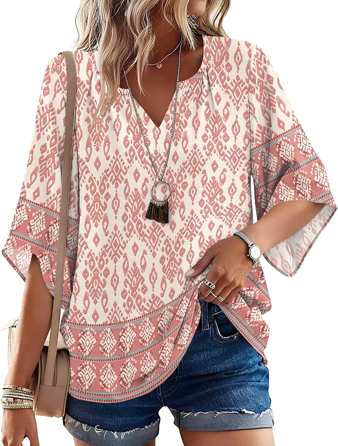 LOMON Women’s 3/4 Length Sleeve Boho Tops V Neck Casual Vacation Clothes Loose Fit Tunic Shirts S-3XL