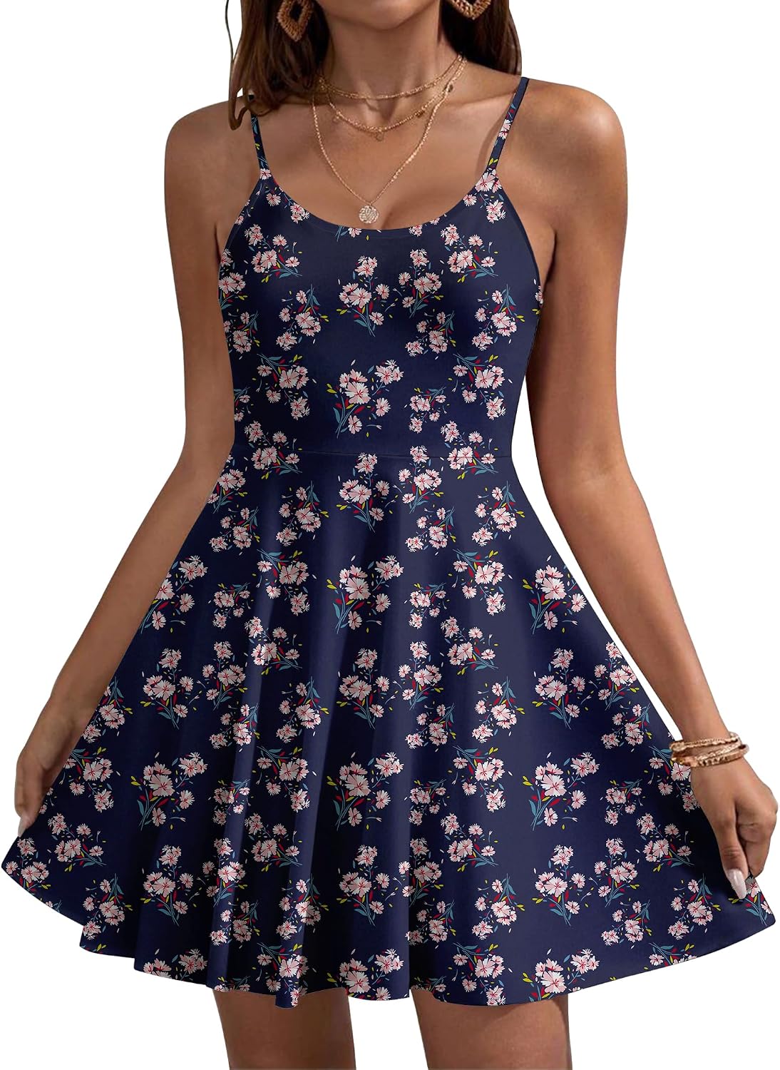 HOTOUCH Women’s Summer Dress Adjustable Spaghetti Strap Floral Mini Casual Dress with Pockets Fit & Flare Beach Sundress