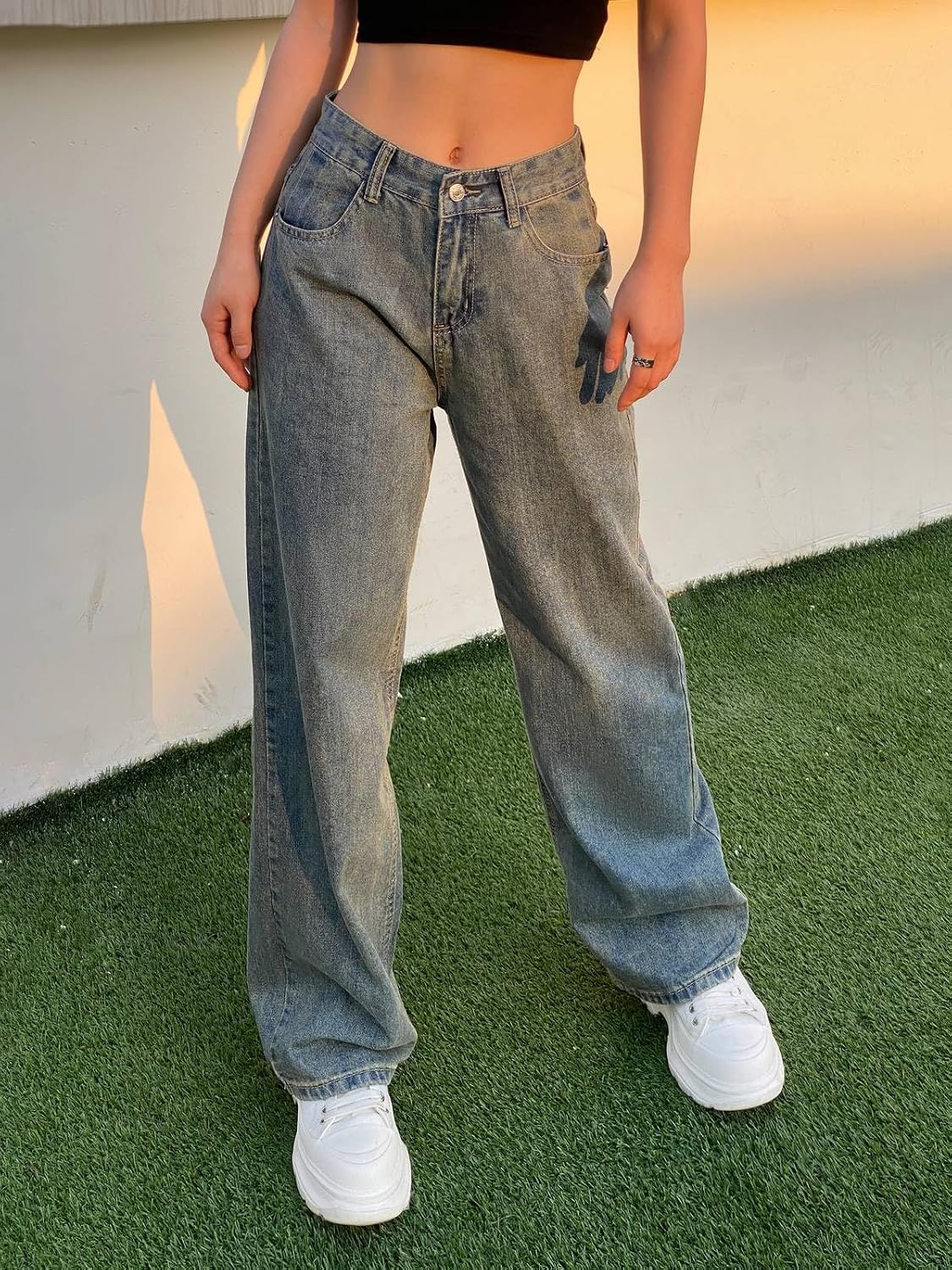 Women Baggy Jeans 90s Washed High Waist Boyfriend Wide Leg Loose Fit Denim Pants Streetwear