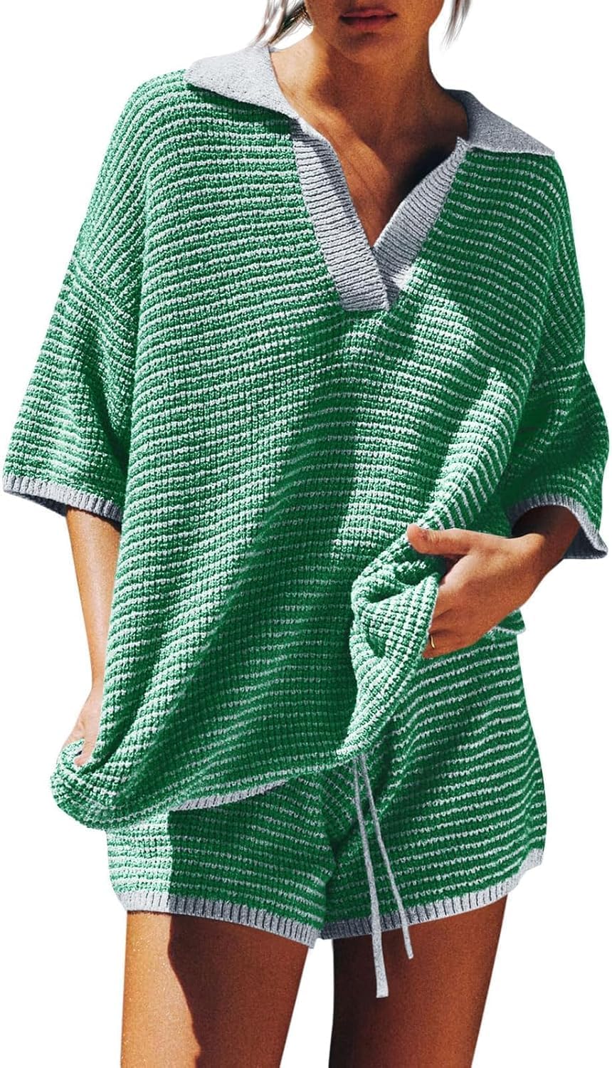 Tankaneo Womens Sweater Set 2 Piece Outfits Oversized 3/4 Sleeve V Neck Knit Tops High Waisted Shorts Lounge Sets