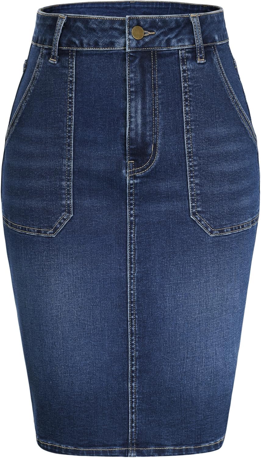 Belle Poque Women’s Denim Skirt Stretchy High Waisted Below Knee Length Jean Skirt with Pockets Spring Summer Trendy 2026