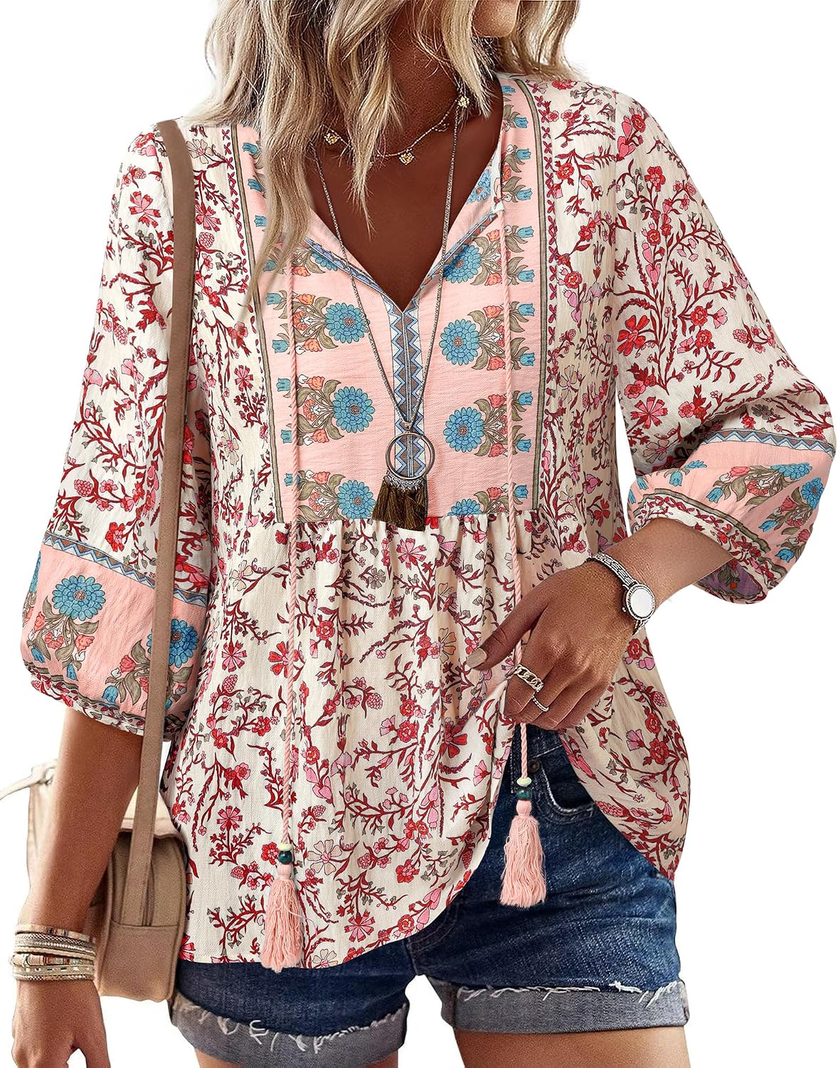 Vivilli Womens Summer Boho Babydoll Tops 3/4 Sleeve Pleated Peplum Blouses Casual V Neck Tie Front 2026 Tunic Tops