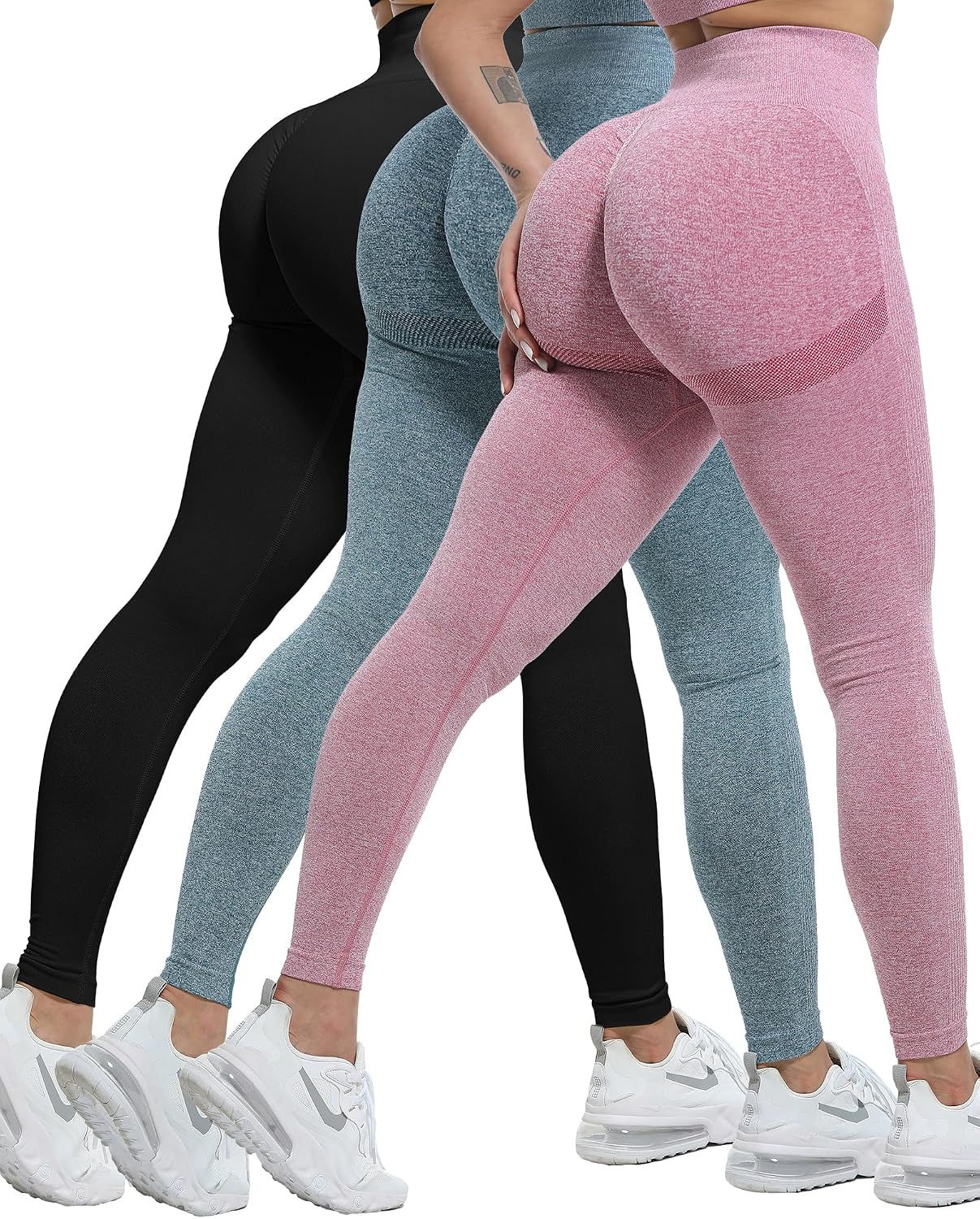 CHRLEISURE Workout Leggings Sets for Women, Gym Scrunch Butt Butt Lifting Seamless Leggings 3 Piece