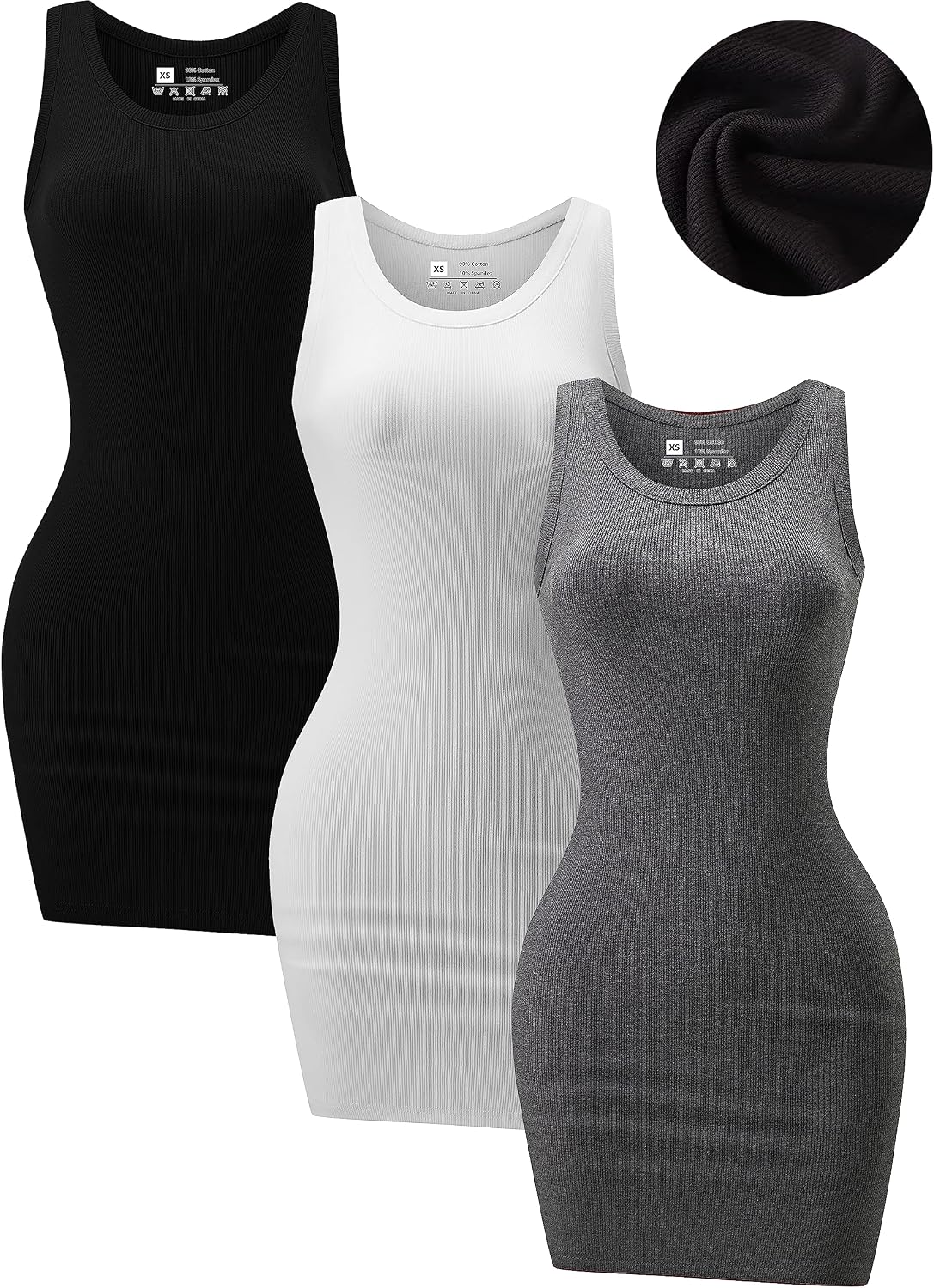 Chongbaijia 3 Pack Summer Dresses for Women 2026 Ribbed Crewneck Tank Top Dress Sleeveless Sundress Basic Bodycon Mini Dress