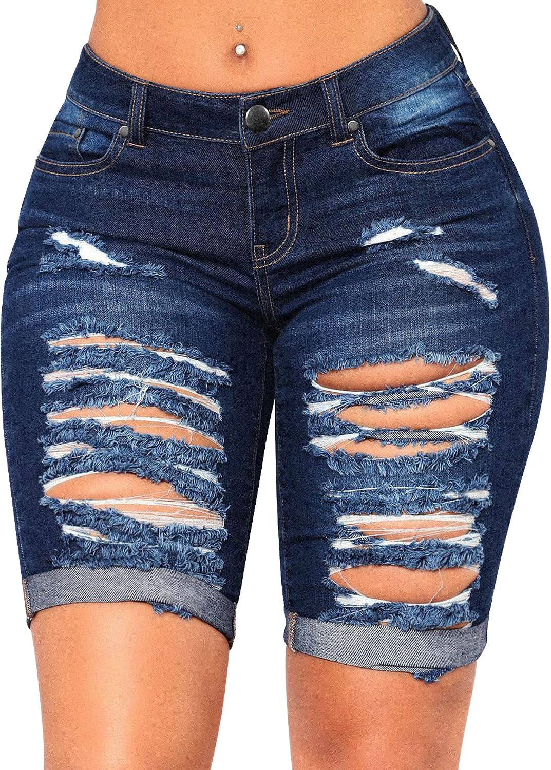 roswear Women’s Distressed Knee Length Ripped Stretchy Jean Shorts