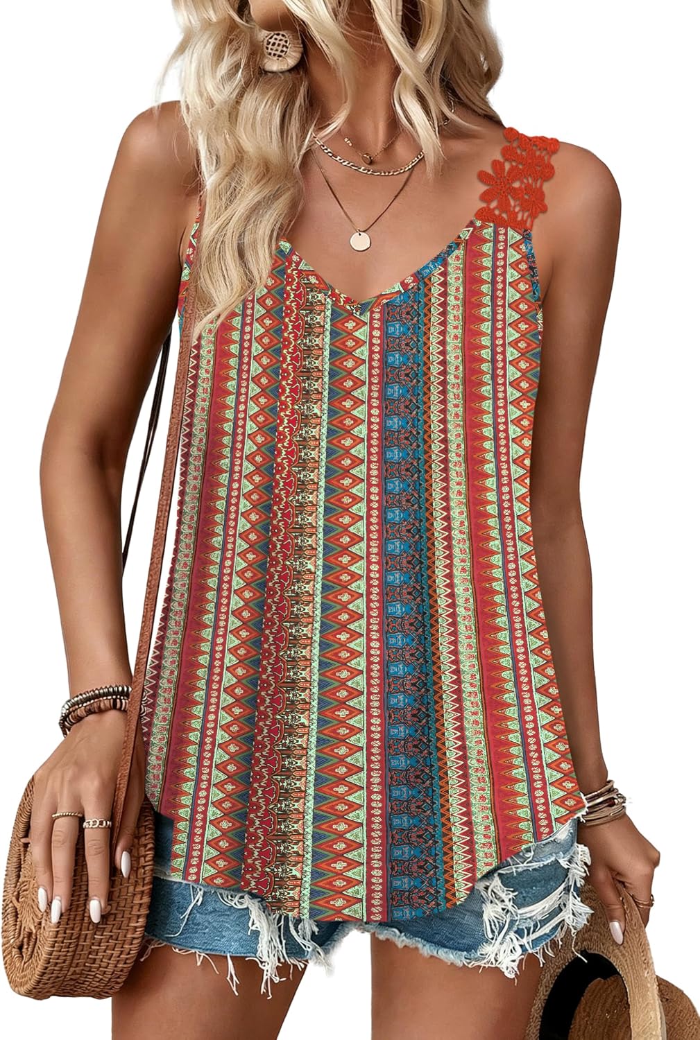 Sipaya Tank Tops for Women Spring Fashion Sleeveless V Neck Lace Tops Flower Flowy Summer Outfits Beach Vacation Clothes