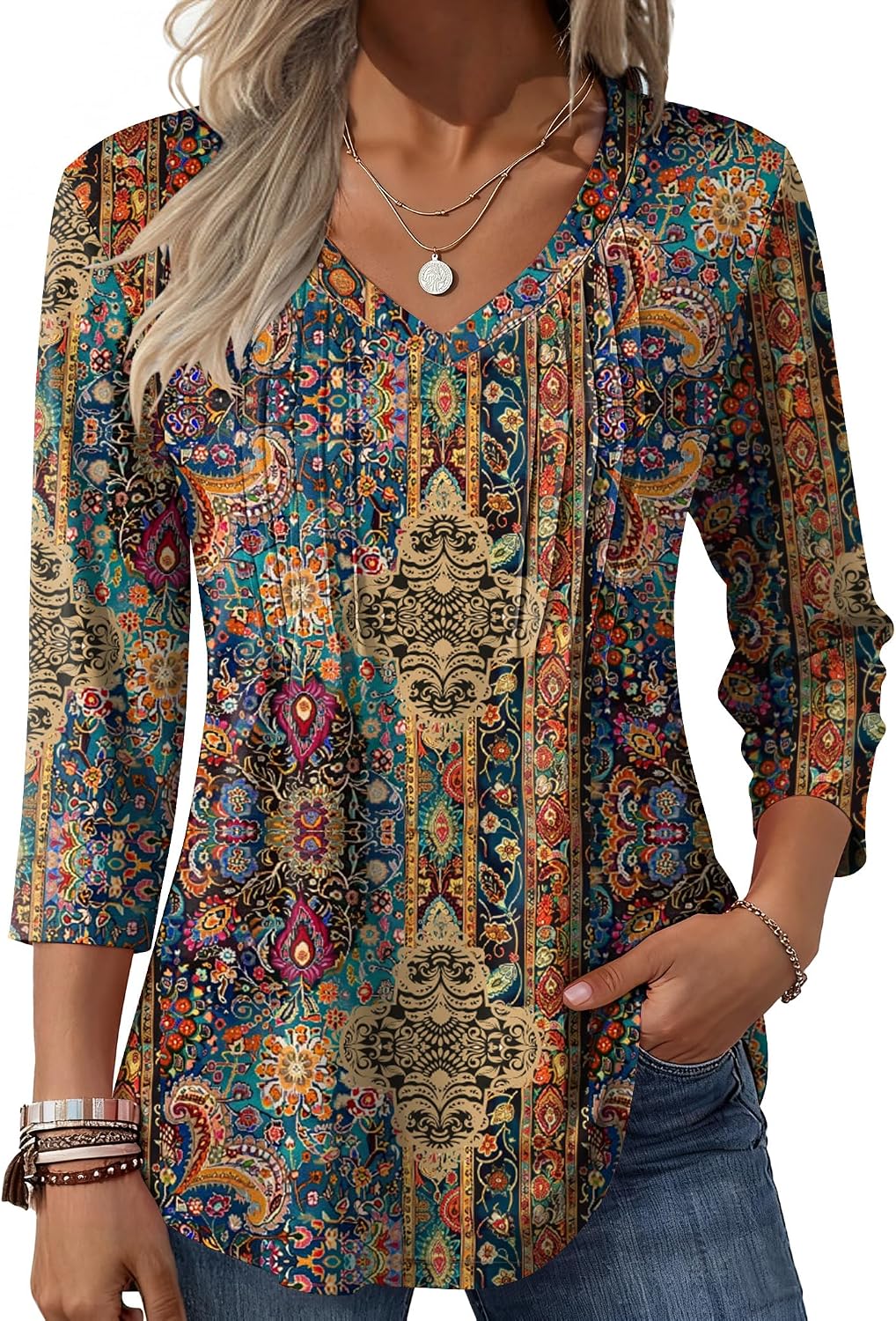 Zeagoo 3/4 Length Sleeve Womens Tops Casual V Neck Pleated Top Boho Floral Blouses Work Shirts