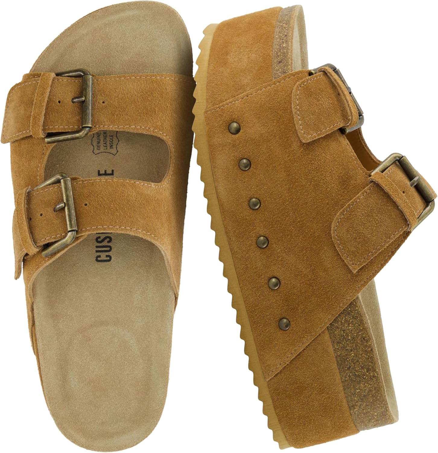 CUSHIONAIRE Guru Platform Sandals Women Footwear – Comfortable Genuine Leather Footbed Studded Chunky Slide Summer Sandals for Women