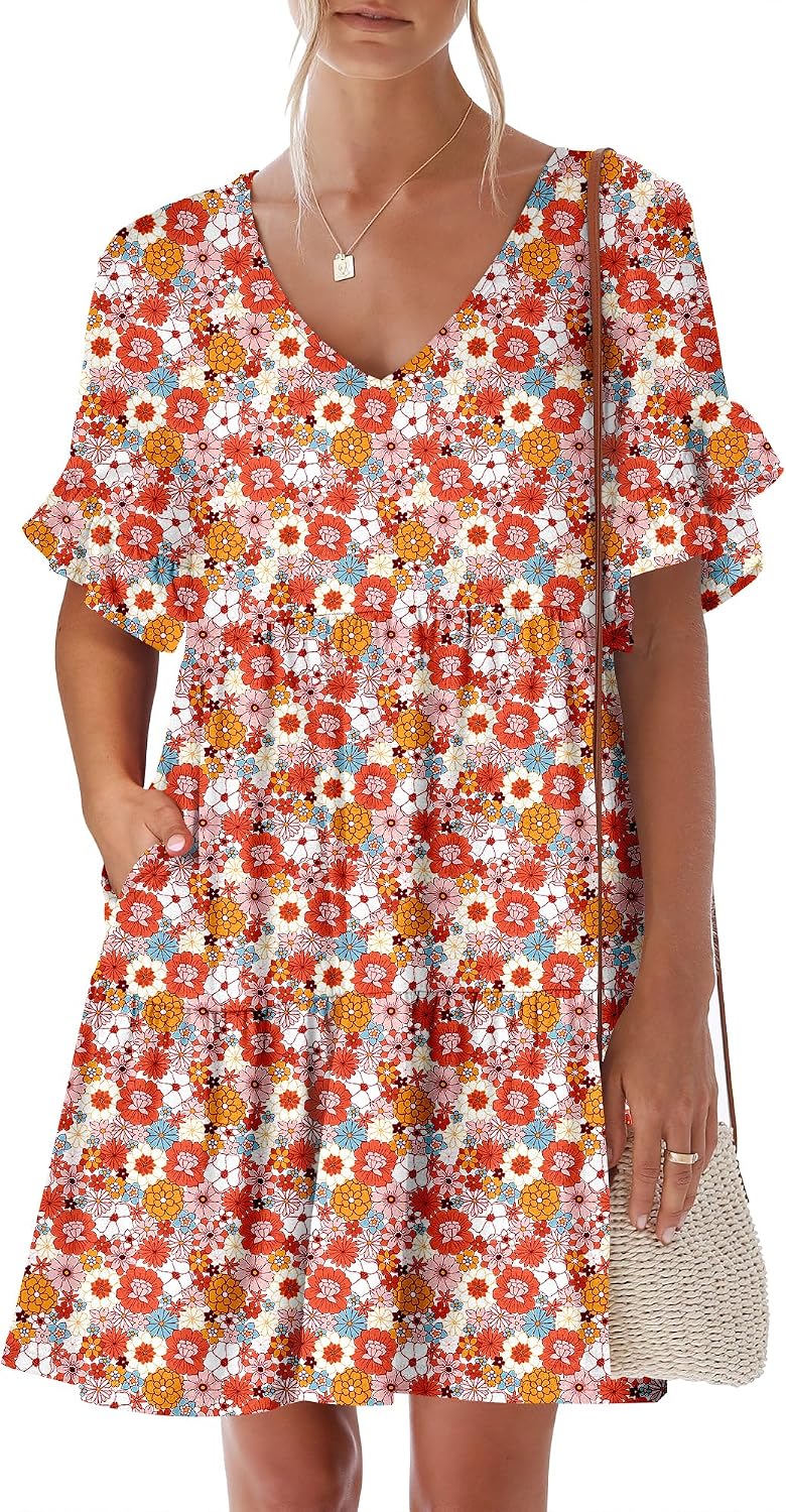 ANRABESS Dresses for Women Summer 2026 V Neck Ruffle Sleeve A Line Tiered Flowy Casual Trendy Mini Beach Dress with Pockets