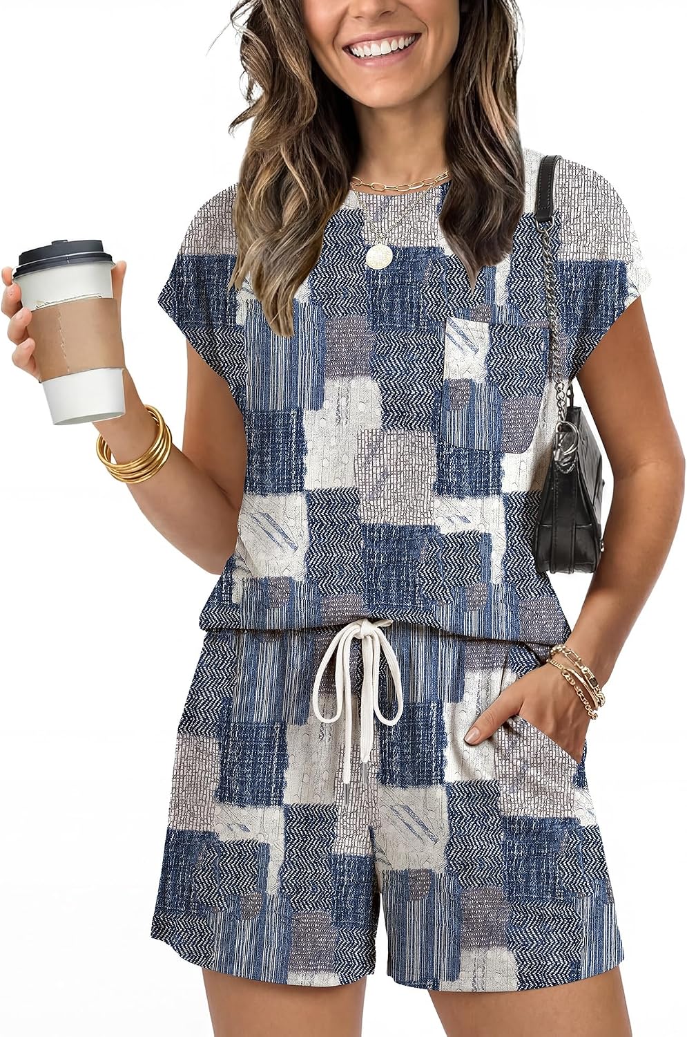 LOMON Two Piece Shorts Sets for Women Vacation Trendy Lounge Sets Crew Neck Matching Sets Cap Sleeve Airport Suits