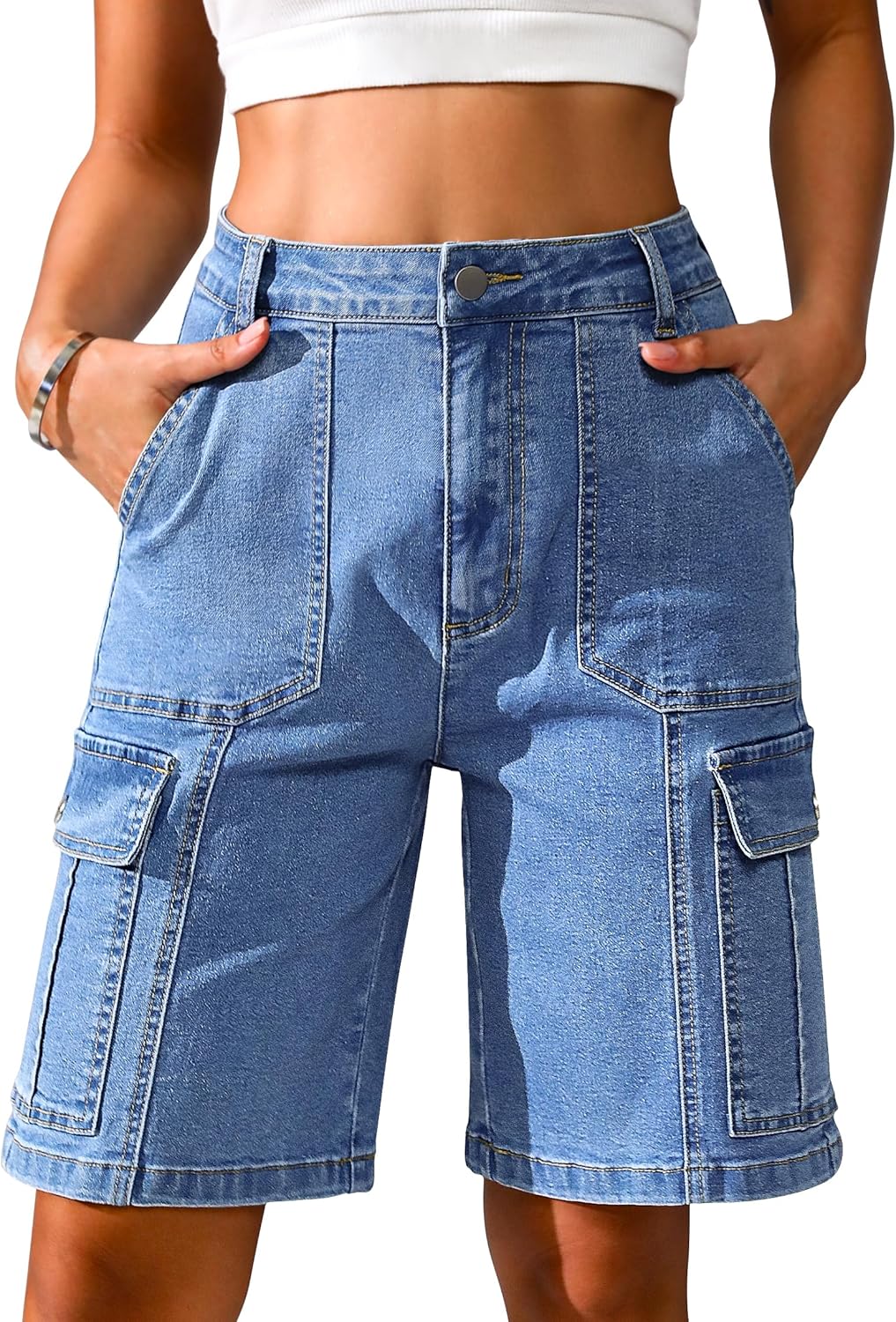 Eddoyee Bermuda Cargo Shorts for Women Casual Long Knee Length High Waisted Stretch Wide Leg Relaxed Fit