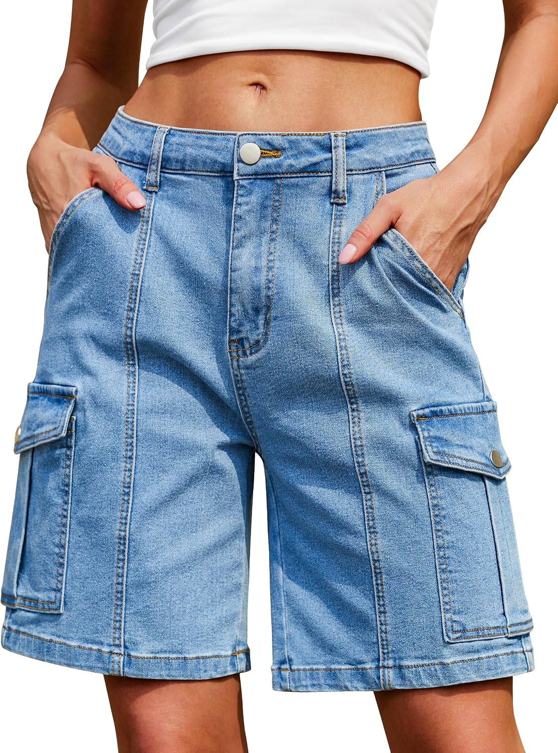 IWD Bermuda Cargo Denim Shorts for Women Knee Length 6 Pockets Elastic Waist Long Jorts for Summer Casual
