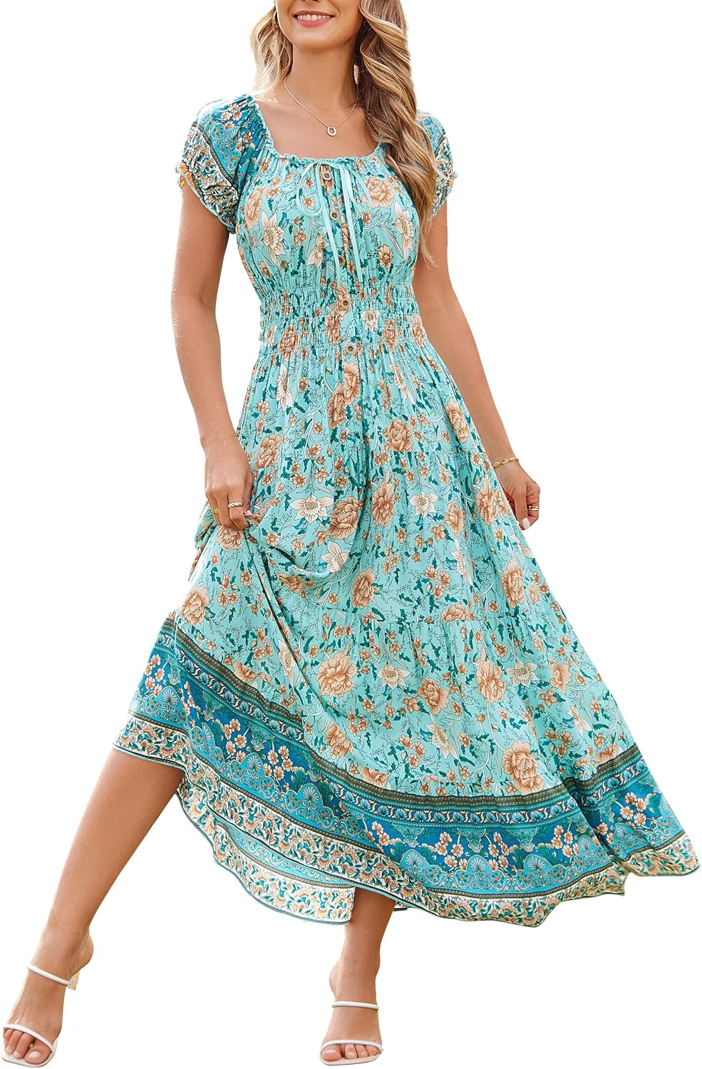 Womens Boho Floral Maxi Dress Round Neck Ruffle Sleeve Casual Summer Dresses Loose Flowy Bohemian Sundress for Beach Vacation