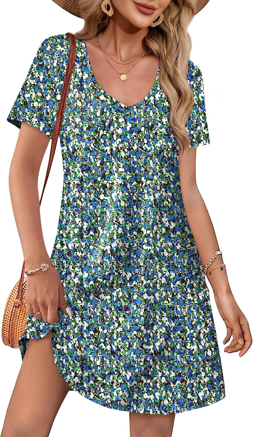 OFEEFAN Summer Dresses for Women 2026 Loose V Neck Short Sleeve Casual T Shirt Dress Sundresses Swimsuit Coverup with Pockets