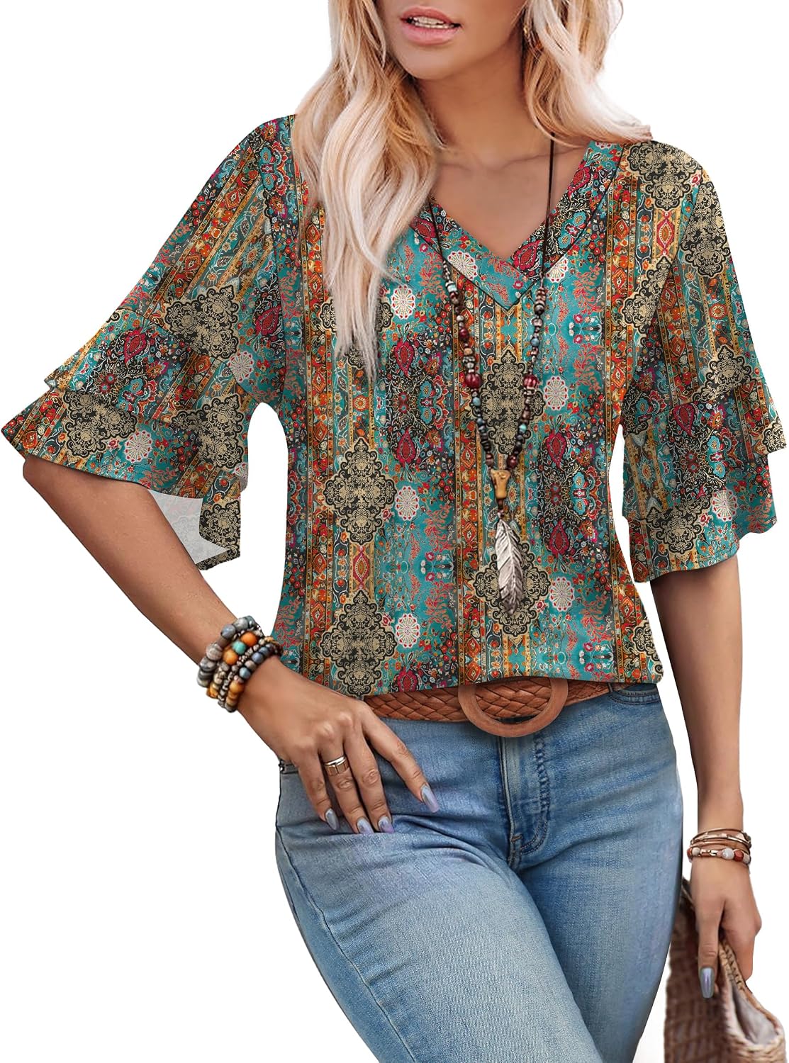 OFEEFAN Spring Tops for Women Boho Shirts Fashion Clothing Cute 3/4 Length Sleeve Blouses Dressy Casual Summer Outfits