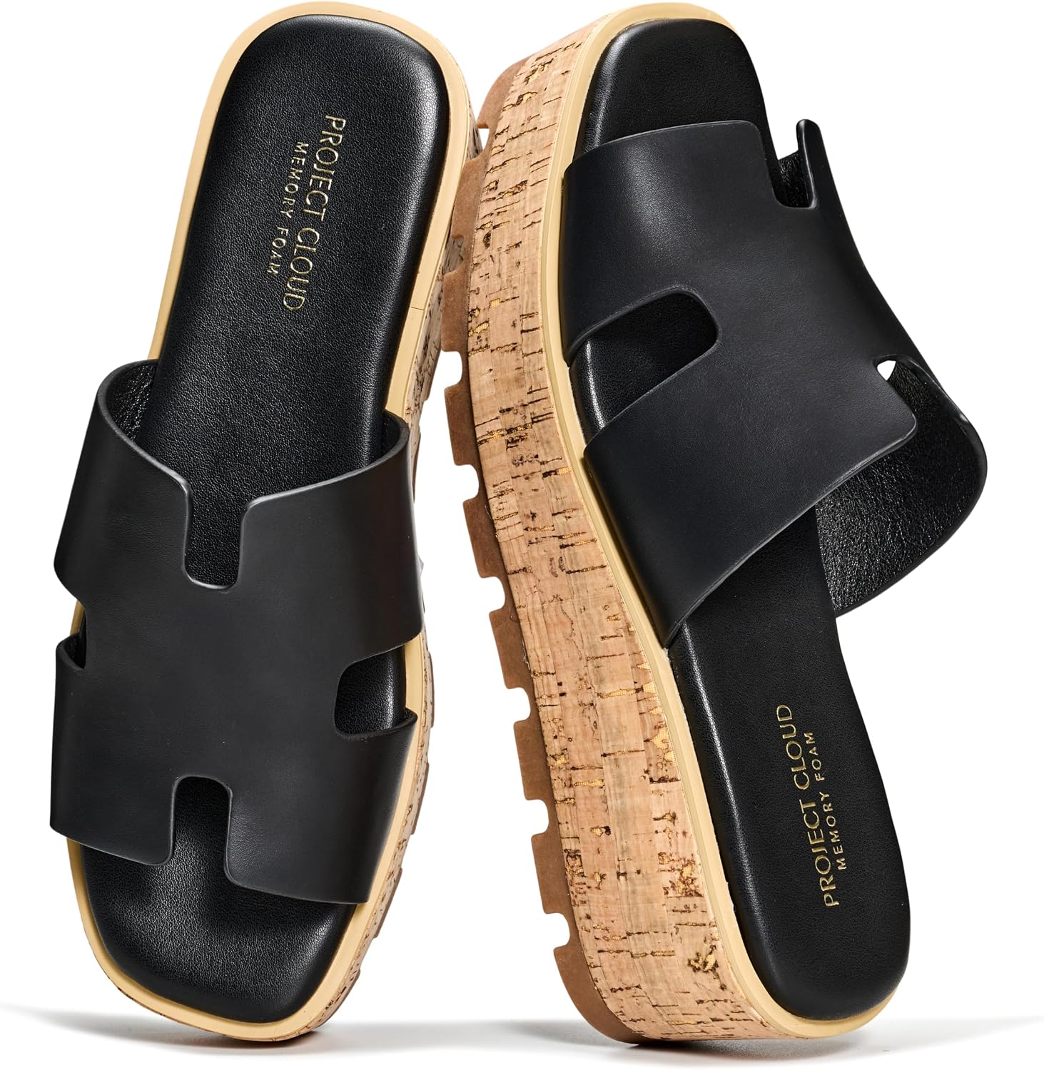 Project Cloud 100% Genuine Leather Wedge Platform Sandals Women Footwear – Memory Foam Insole and Non-Slip Platform Slides for Women – Lightweight Womens Sandals (MILA,BLKLEA,7.5M)