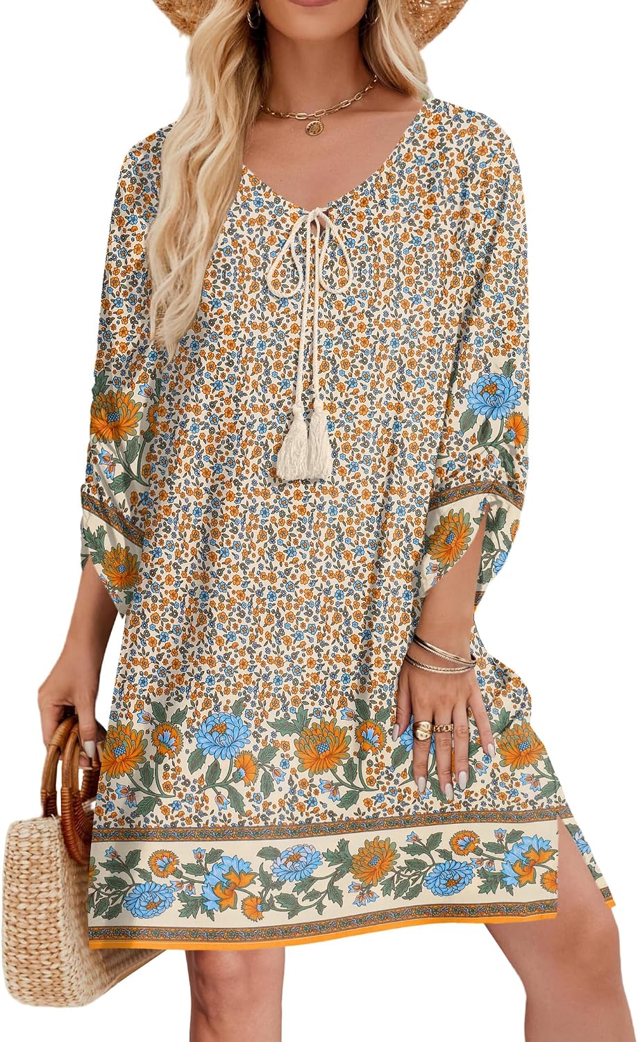 Zeagoo Womens Boho Dresses Casual Beach Summer Dress Tassel Tie Neck 3/4 Long Sleeve Mini Sundress 2026 Floral Print Cover Up