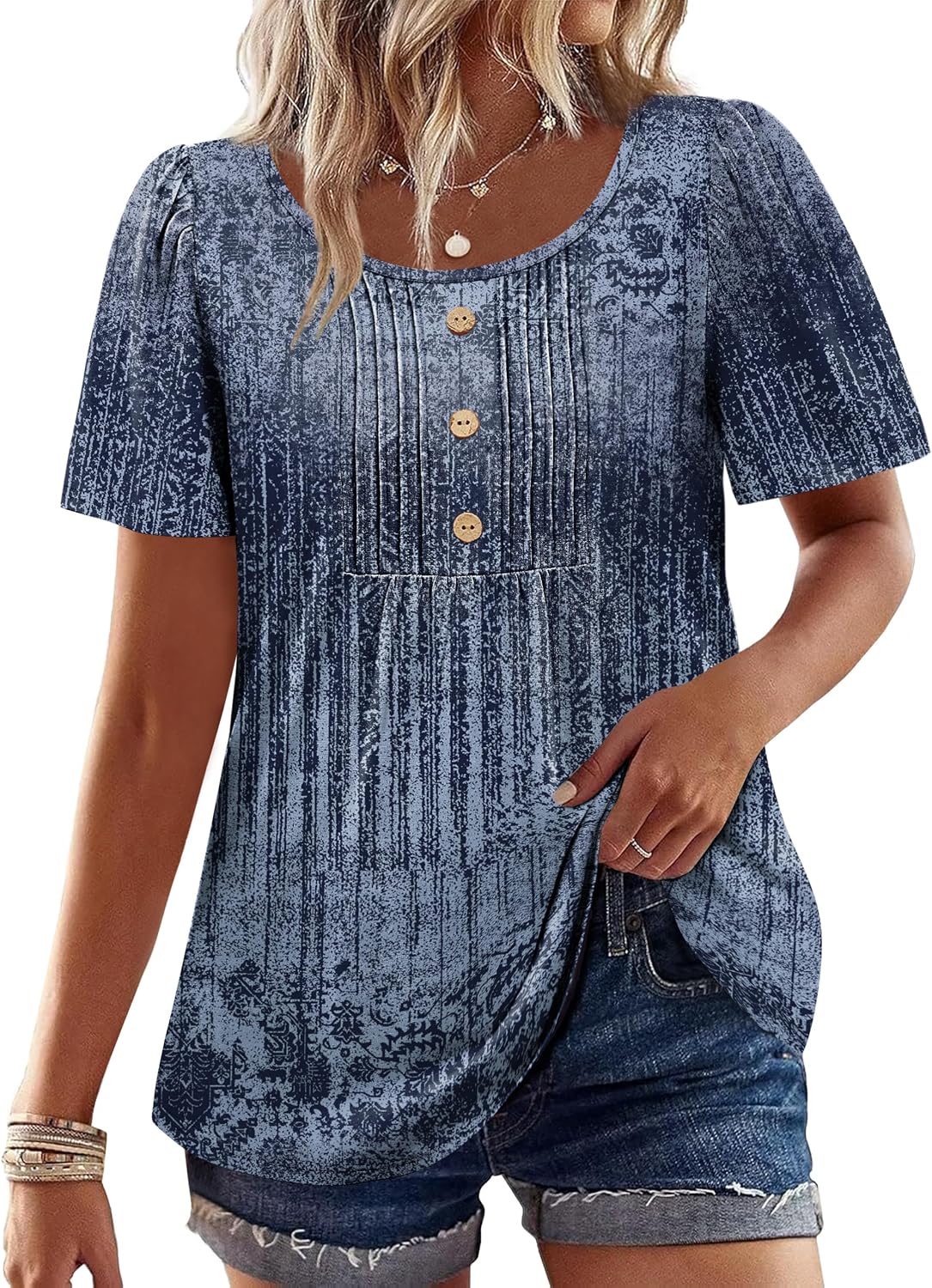 Womens Tops Dressy Casual Blouses Short Sleeve Shirts Plus Size Fashion Clothing Spring Summer Outfits Button Pleated Front