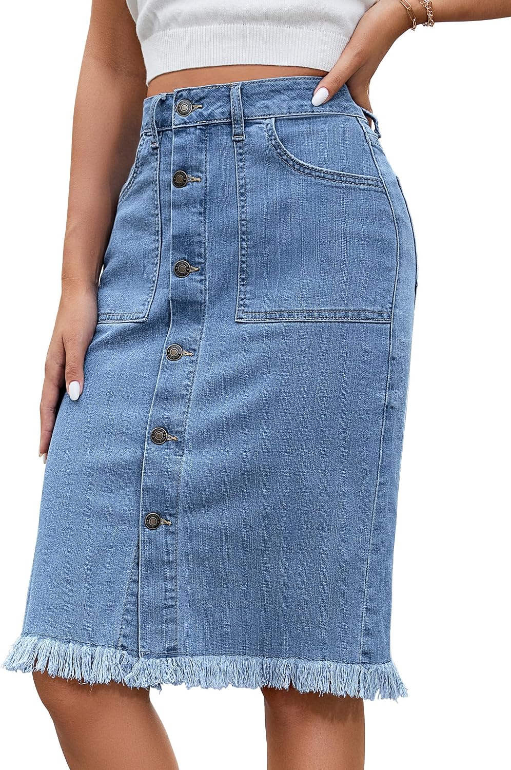 luvamia Women’s Casual Mid Rise Button Down Frayed Raw Hem Denim Jean Midi Skirt