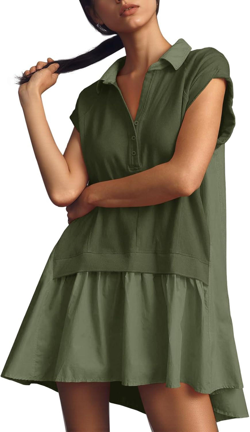 Fisoew Womens Summer Sweatshirt Dresses Short Sleeve V Neck Casual Oversized Patchwork Mini Dress