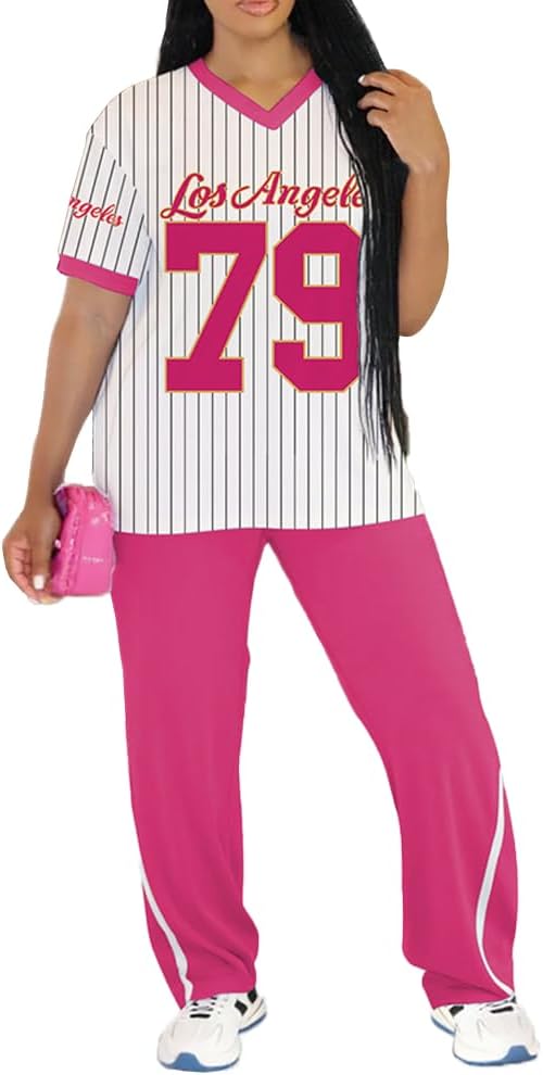 PINSV 2 Piece Sets for Women Summer Casual Outfits Jersey Shirts and High Waisted Pants Sets