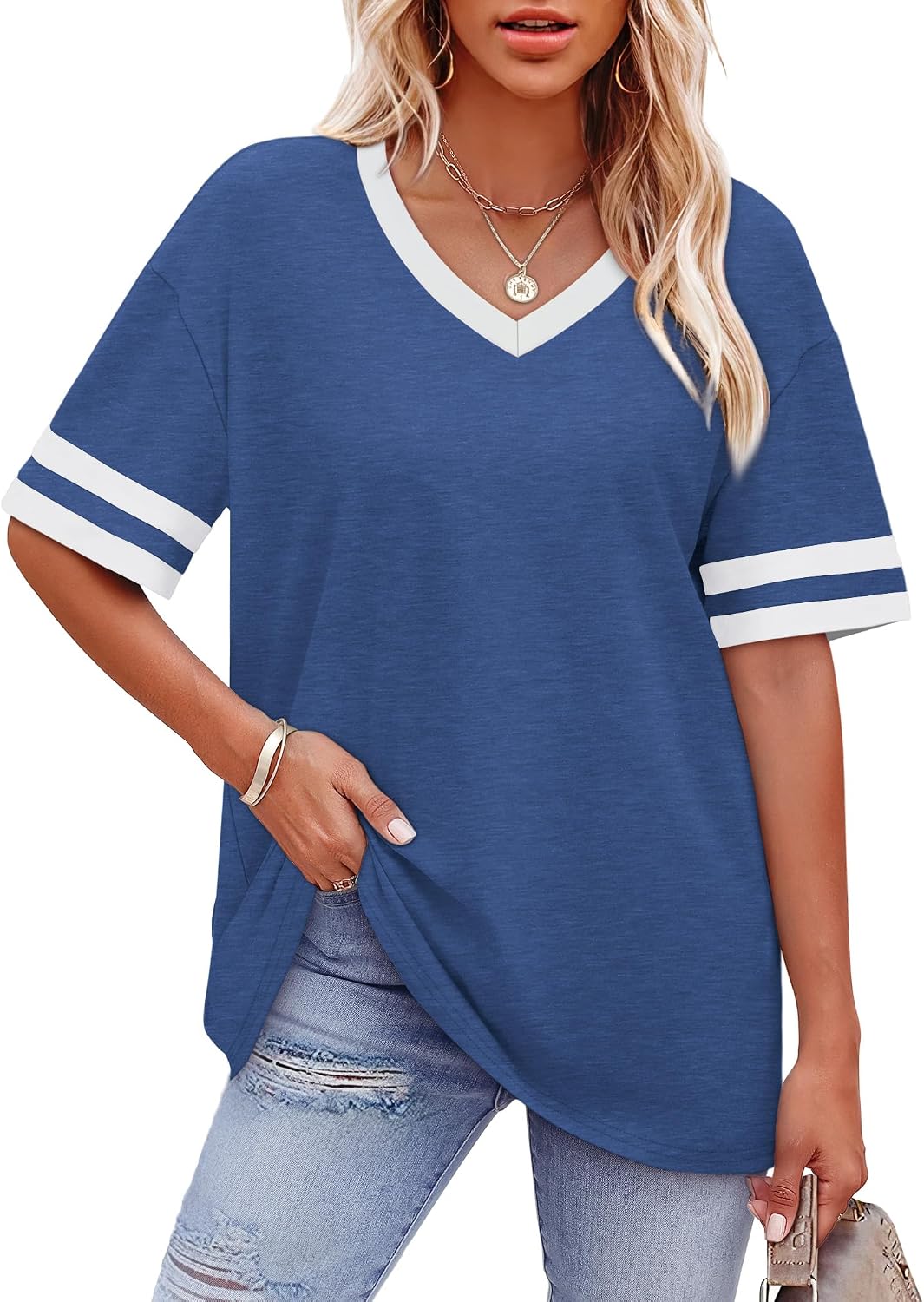 WIHOLL Womens T Shirts Loose Fit Short Sleeve Tees V Neck Color Block Summer Tops 2026 Fashion S-4XL